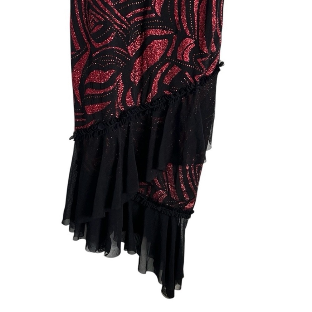 Y2K Black Red Glitter Asymmetrical Dress Ruffle Hem Spaghetti Strap Party Dress - Picture 2 of 14